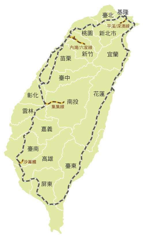 Carte officielle du réseau ferroviaire de Taiwan Railways Administration (TRA) à Taïwan